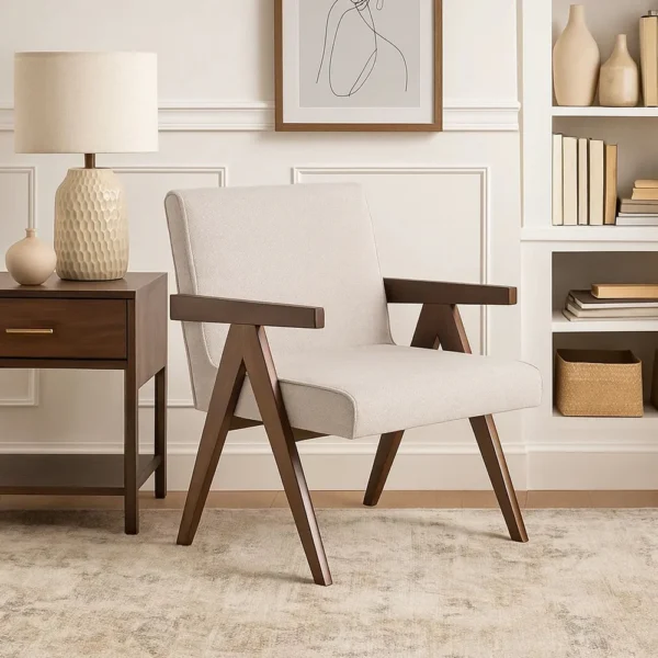 BM338522_5 Cid Jose Accent Chair Set of 2, Beige Polyester, Walnut Brown Wood