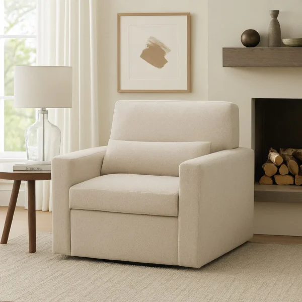 Ompa Swivel Armchair with Lumbar Pillow, Cream Beige Boucle
