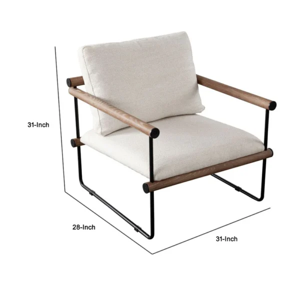 Accent Armchair, Brown Solid Wood Armrests, 31 Inch, Cream Fabric Seat