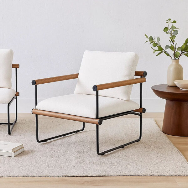 Accent Armchair, Brown Solid Wood Armrests, 31 Inch, Cream Fabric Seat