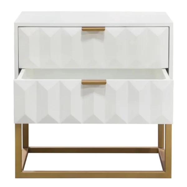 Fiva Nightstand, 2 Drawers, White Solid Mango Wood, Gold Iron Legs