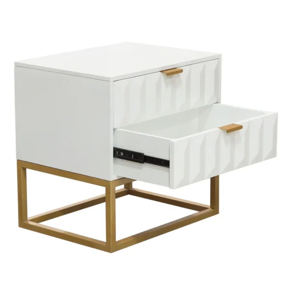 Fiva Nightstand, 2 Drawers, White Solid Mango Wood, Gold Iron Legs