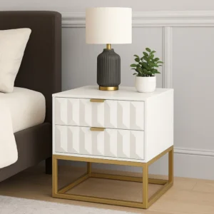 Fiva Nightstand, 2 Drawers, White Solid Mango Wood, Gold Iron Legs
