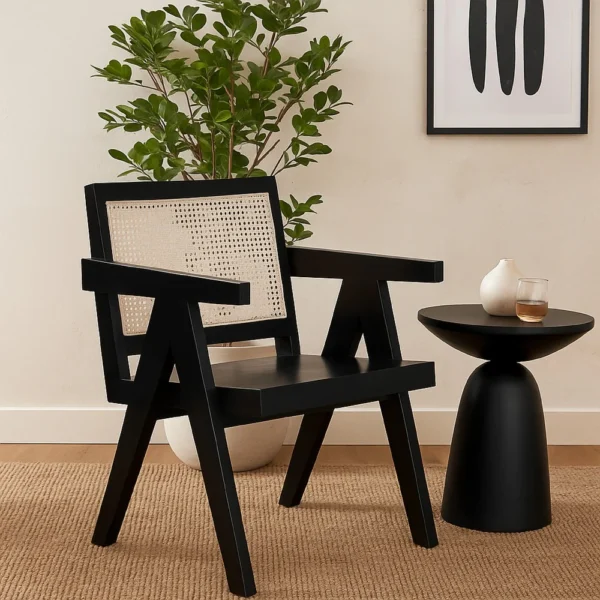 BM338691_5 Kato Dining Armchair, Cane Backrest, 24 Inch, Black Solid Mango Wood