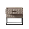 Zoe End Table Nightstand, Ash Gray Carved Fronts, Black Metal Base