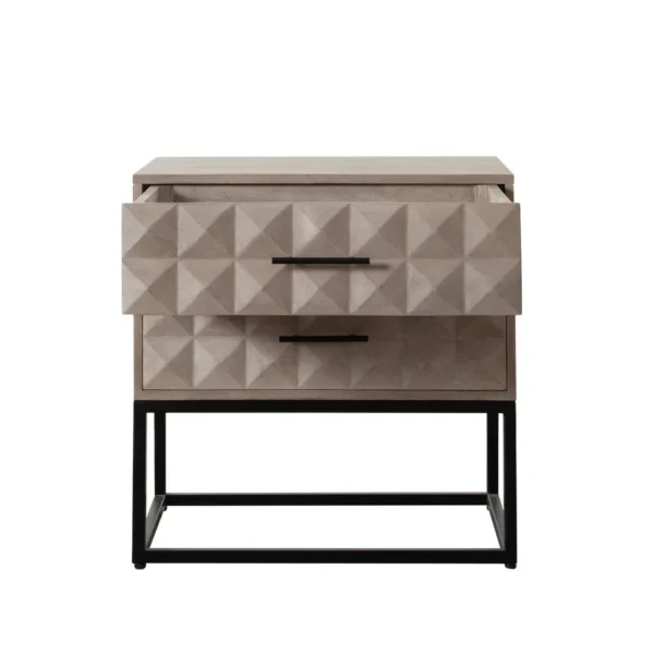Zoe End Table Nightstand, Ash Gray Carved Fronts, Black Metal Base