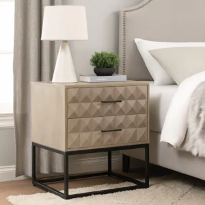 BM338755_5 Zoe End Table Nightstand, Ash Gray Carved Fronts, Black Metal Base