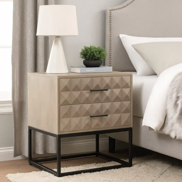 Zoe End Table Nightstand, Ash Gray Carved Fronts, Black Metal Base