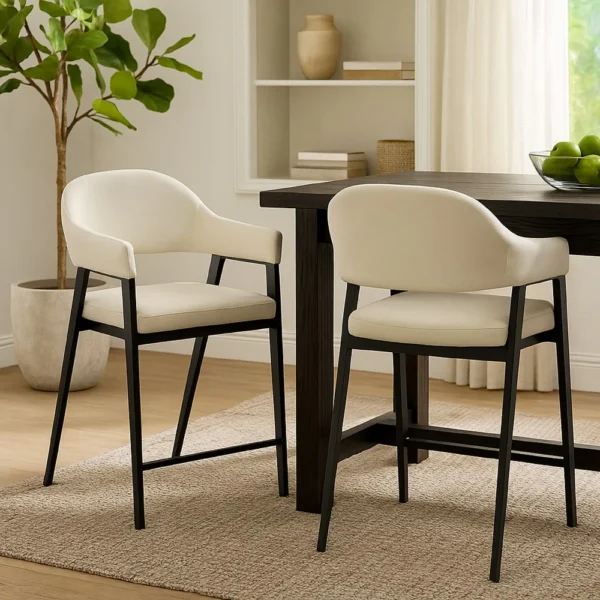 BM338805_5 Arie Counter Height Chair Set of 2, Cream White Polyester, Black Legs