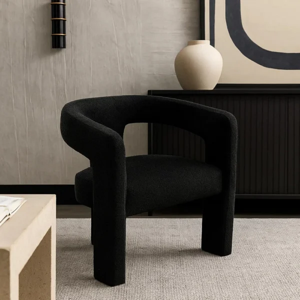 BM338826_5 Gely Dining Accent Chair, Open Curved Back w Tripod Base, Black Boucle