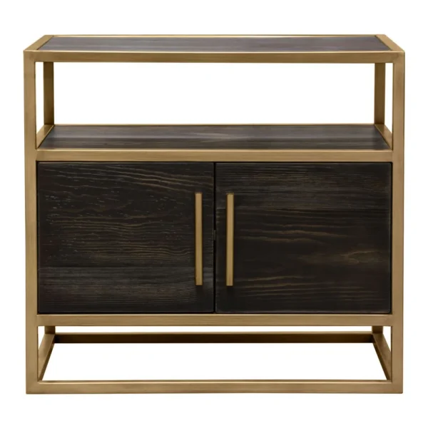 Chek 26 Inch Side Table Nightstand, 2 Doors, 1 Shelf, Dark Brown, Gold Steel