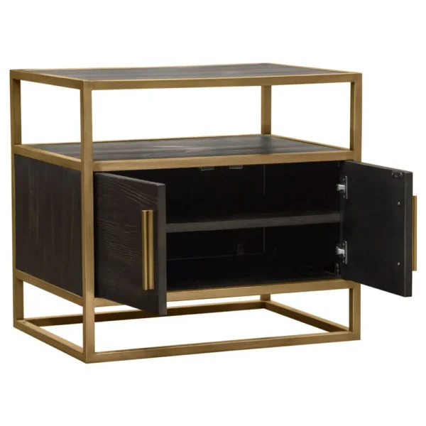 Chek 26 Inch Side Table Nightstand, 2 Doors, 1 Shelf, Dark Brown, Gold Steel