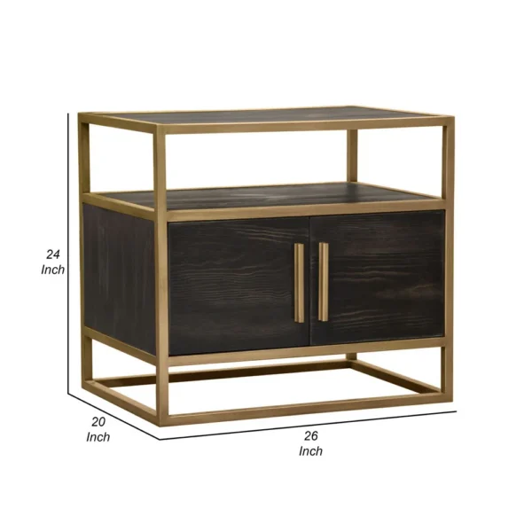 Chek 26 Inch Side Table Nightstand, 2 Doors, 1 Shelf, Dark Brown, Gold Steel