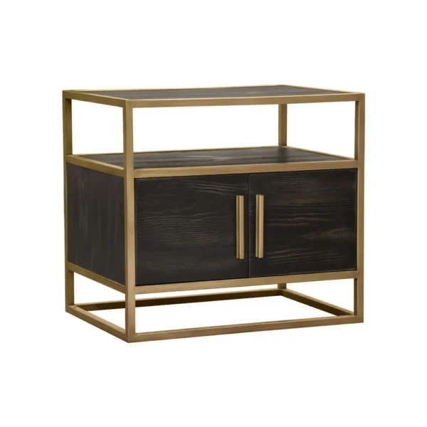 Chek 26 Inch Side Table Nightstand, 2 Doors, 1 Shelf, Dark Brown, Gold Steel