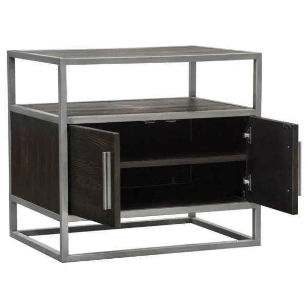 Chek 26 Inch Side Table Nightstand, 2 Doors, 1 Shelf, Dark Brown, Silver Steel