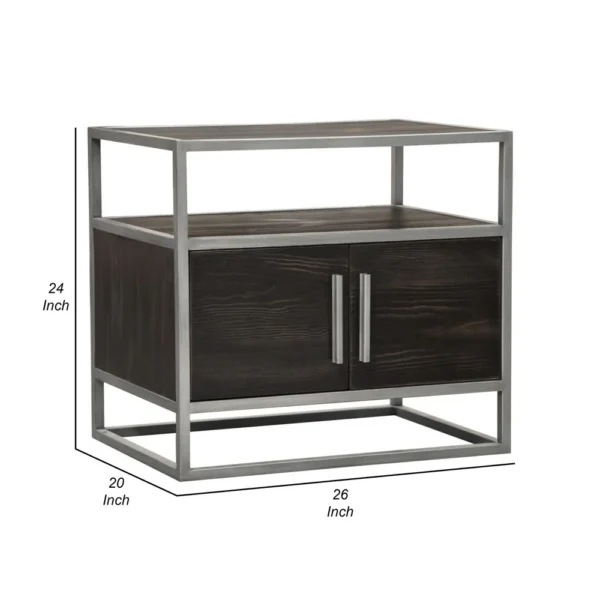 Chek 26 Inch Side Table Nightstand, 2 Doors, 1 Shelf, Dark Brown, Silver Steel