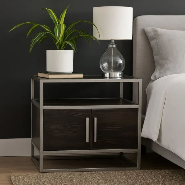 Chek 26 Inch Side Table Nightstand, 2 Doors, 1 Shelf, Dark Brown, Silver Steel