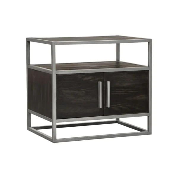 Chek 26 Inch Side Table Nightstand, 2 Doors, 1 Shelf, Dark Brown, Silver Steel