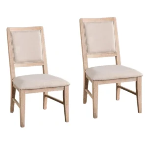 Ellon Side Dining Chair Set of 2, Distressed Natural Brown Wood, Beige Fabric