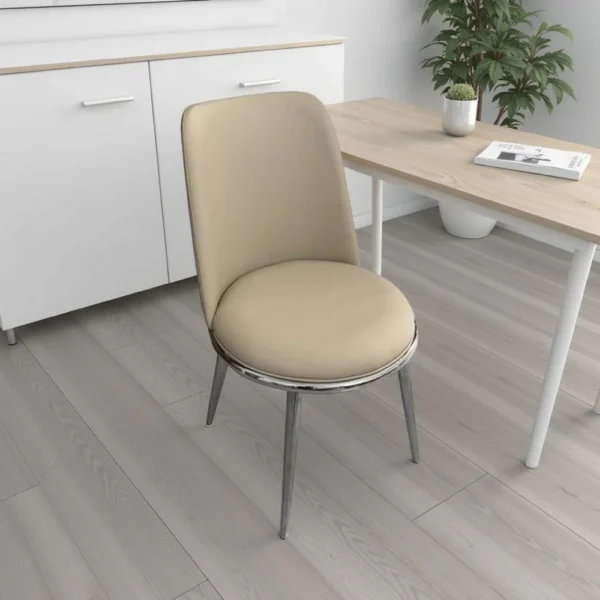 BM339201_5 Relli Side Dining Chair Set of 2, Silver Metal, Taupe Faux Leather Round Seats