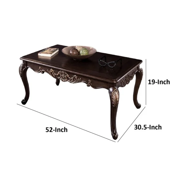 Astor Coffee Table, 52 Inch Dark Cherry Brown Wood, Carved Details