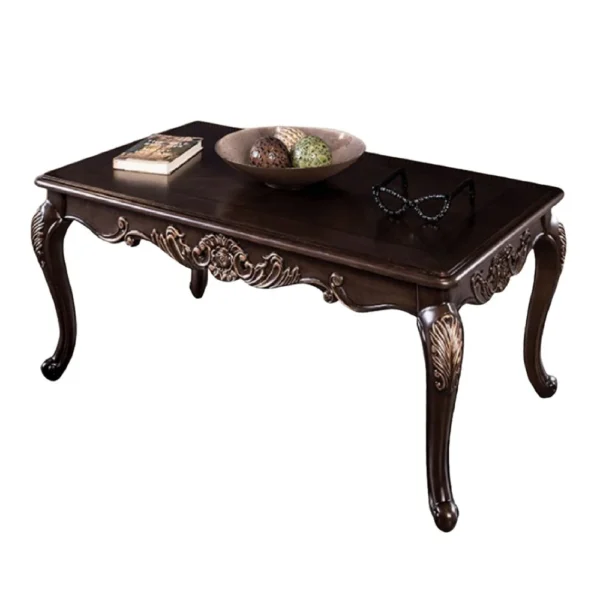 Astor Coffee Table, 52 Inch Dark Cherry Brown Wood, Carved Details