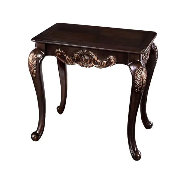 Astor End Table, 29 Inch Dark Cherry Brown Wood, Carved Details