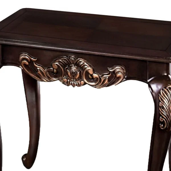 Astor End Table, 29 Inch Dark Cherry Brown Wood, Carved Details