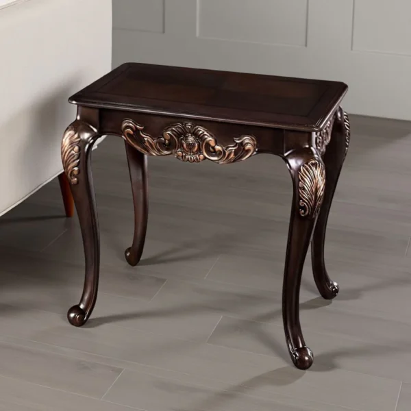 Astor End Table, 29 Inch Dark Cherry Brown Wood, Carved Details
