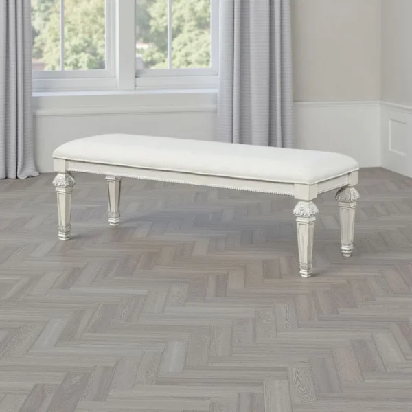 Miamy Bench, Cream White Wood Frame, Textured Fabric, 55 Inch