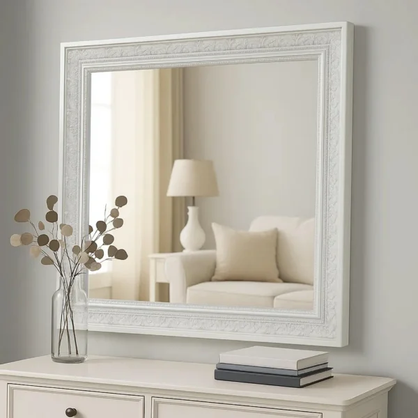 BM339234_5 Miamy Dresser Mirror, 44 Inch Cream White Wood Frame, Bevelled Edge