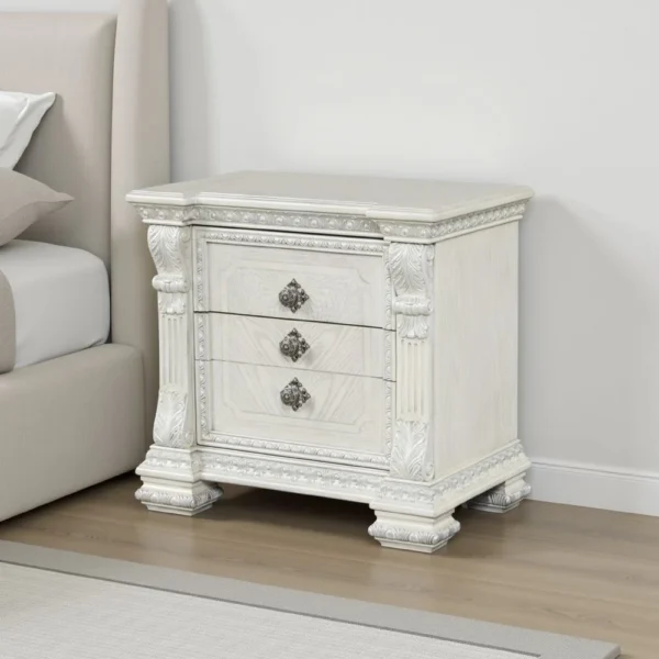 BM339237_5 Naddy Nightstand, 2 Drawers, USB, Wire Brushed White Wood, 30 Inch