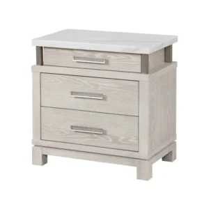 Loji Nightstand, 3 Drawers, White Marble Top, Weathered Gray, 29 Inch