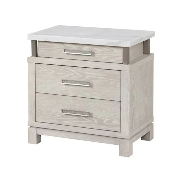 Loji Nightstand, 3 Drawers, White Marble Top, Weathered Gray, 29 Inch