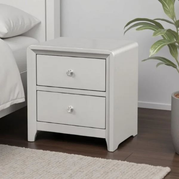 BM339300_5 Broy Nightstand, 2 Drawers, Crystal Knobs, Champagne Gray Wood 25 Inch