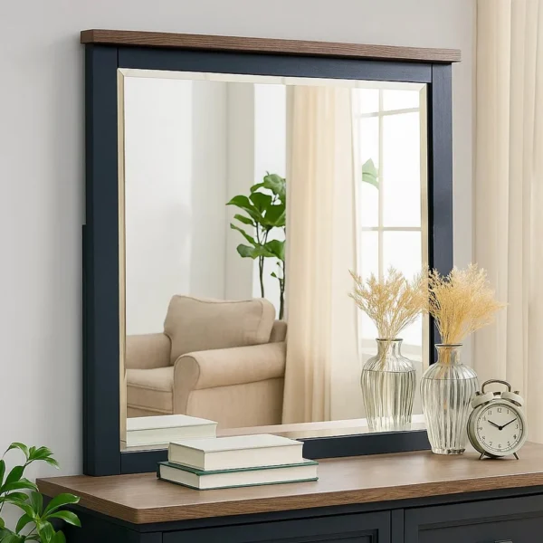 BM339303_5 Tela 36 Inch Dresser Mirror, Blue Pinewood Frame, Dark Brown Top