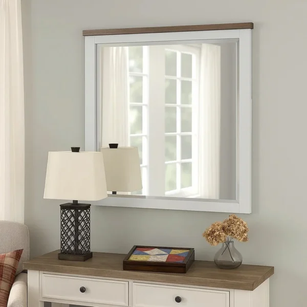 BM339306_5 Tela Dresser Mirror, White Pinewood Frame, Dark Brown Top, 36 Inch