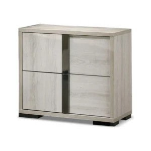 Hyao Nightstand, 26 Inch, 2 Drawers, Chrome Handles, White Wash Veneer