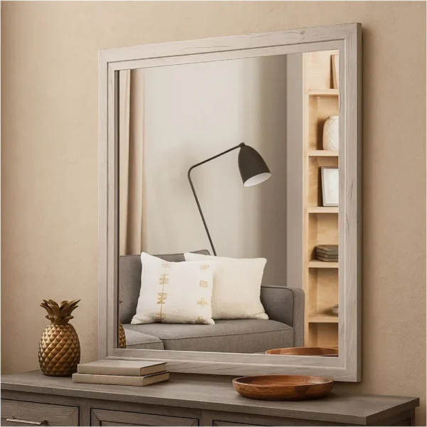 Miot Dresser Mirror, 39 Inch Square Wood Frame, White Wash