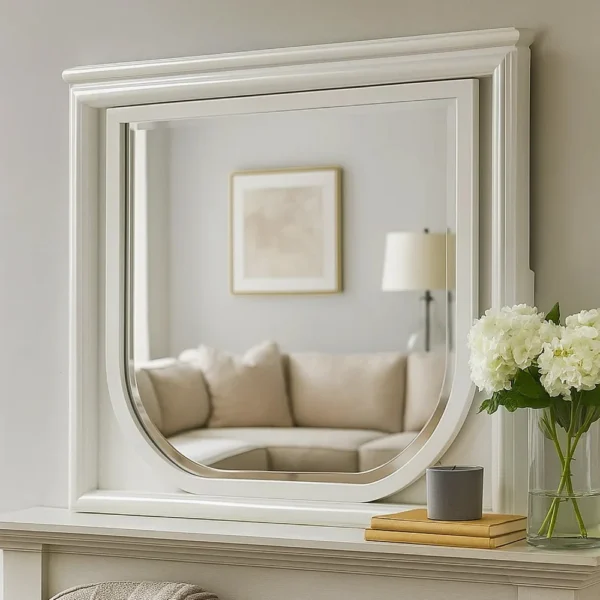 BM339322_5 Dima Dresser Mirror, 38 Inch, White Rubberwood, Embossed Panels w LED