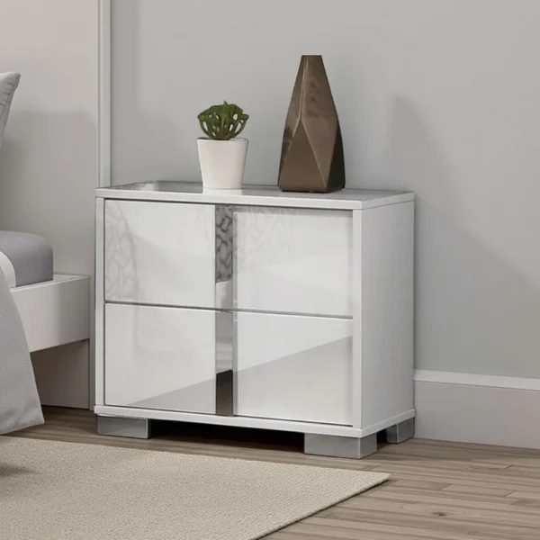 BM339335_5 Suni Nightstand, Glossy White Wood with UV Finish, 2 Drawers, 24 Inch
