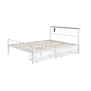 Nix Queen Size Bed w Underbed Storage, Slatted White Metal Headboard
