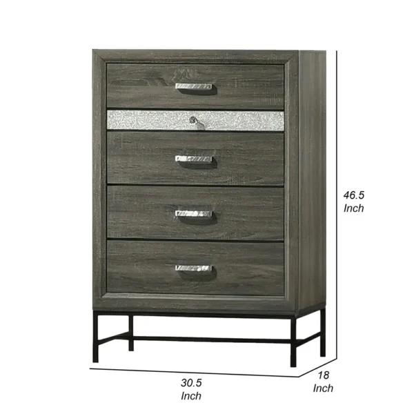 Lito Tall Dresser Chest, 4 Drawers w 1 Jewelry Tray, Glam Silver, Gray