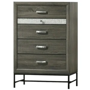 Lito Tall Dresser Chest, 4 Drawers w 1 Jewelry Tray, Glam Silver, Gray