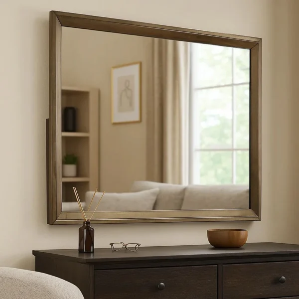 BM339408_5 Rouk Dresser Mirror, Walnut Brown Solid Wood, Rectangular 45 Inch Frame