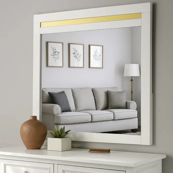 BM339416_5 Yoki 41 Inch Dresser Mirror, Modern Glam White with Gold Acrylic Accents