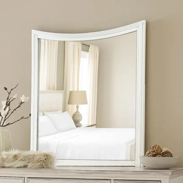 BM339448_5 Kiki Dresser Mirror, Curved Crown Molded Details, White Solid Wood
