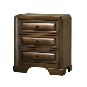 Cair Nightstand w 3 Beveled Drawers, Bronze Metal Knobs, Brown Wood