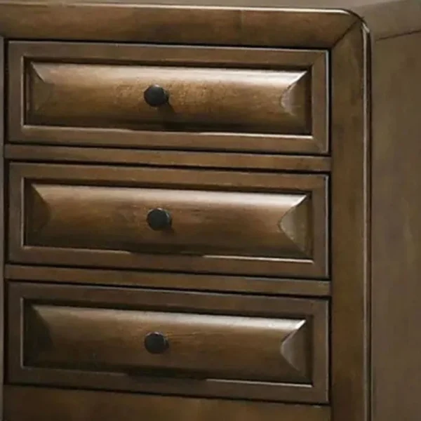 Cair Nightstand w 3 Beveled Drawers, Bronze Metal Knobs, Brown Wood