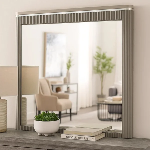 BM339482_5 Gema Dresser Mirror, 38 Inch Light Gray Wood, Reeded Design, Silver Accents